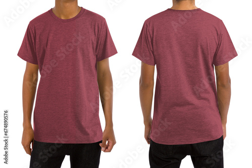 Man in blank heather cardinal t-shirt, front and back views