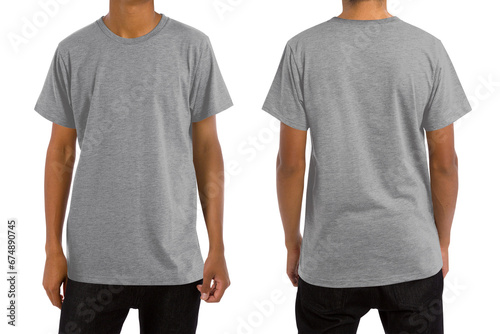 Man in blank heather gray t-shirt, front and back views