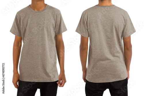 Man in blank heather khaki t-shirt, front and back views