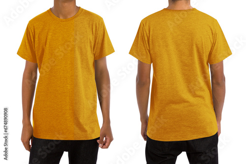 Man in blank heather mustard t-shirt, front and back views