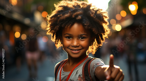  African American girl smiling at the camera and pointing up with her index finger. Happy kid on a city street in summer at sunset. Latin boy smiling with enthusiasm and happiness making an optimistic