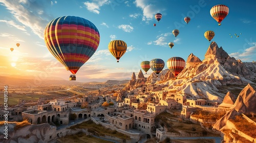 Landscape of fabulous Kapadokya. Colorful flying air balloons in sky at sunrise in Anatolia. Vacations in beautiful destination in Goreme photo