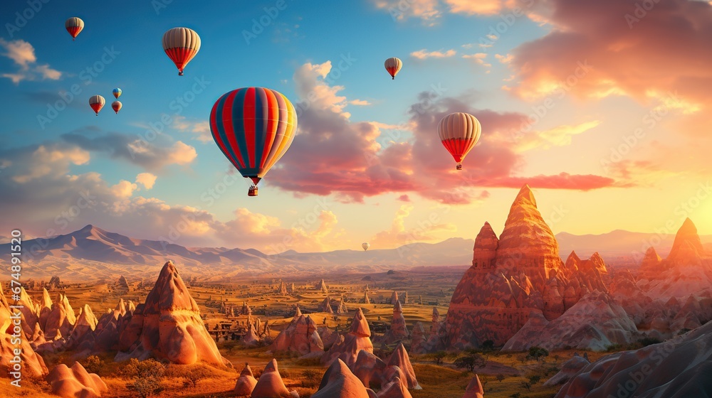 Landscape of fabulous Kapadokya. Colorful flying air balloons in sky at sunrise in Anatolia. Vacations in beautiful destination in Goreme - obrazy, fototapety, plakaty 