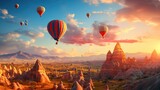 Landscape of fabulous Kapadokya. Colorful flying air balloons in sky at sunrise in Anatolia. Vacations in beautiful destination in Goreme