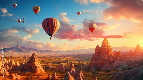 Landscape of fabulous Kapadokya. Colorful flying air balloons in sky at sunrise in Anatolia. Vacations in beautiful destination in Goreme