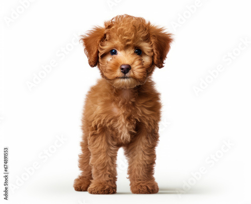 Cute red Cobberdog puppy standing facing front and looking curious towards camera. Little curle pet isolated on white background. Adorable young australian Labradoodle dog stands.