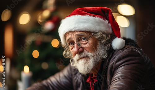 Portrait of sad elderly man in red santa claus hat sitting and looking at camera. Lonely old bearded man on Christmas Eve alone at home. Concept of lonesome, sadness, melancholy and dismals. photo