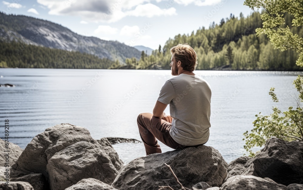 A man sitting on rocks admiring a beautiful lake
