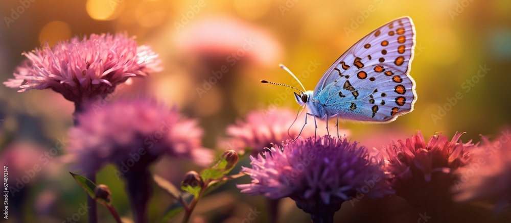 A photo closeup shot of a beautiful butterfly with interesting textures on an orange-petaled flower