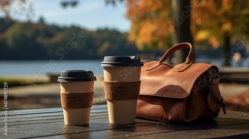 Hot coffee on the go and lunch box. Biodegradable, disposable takeaway food box photo