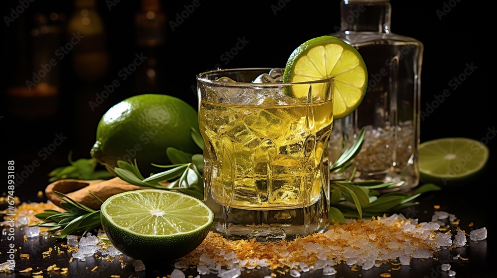 Mexican tequila with lime and salt on rustic black background. space for text. luxury drink. Alcoholic drink concept.