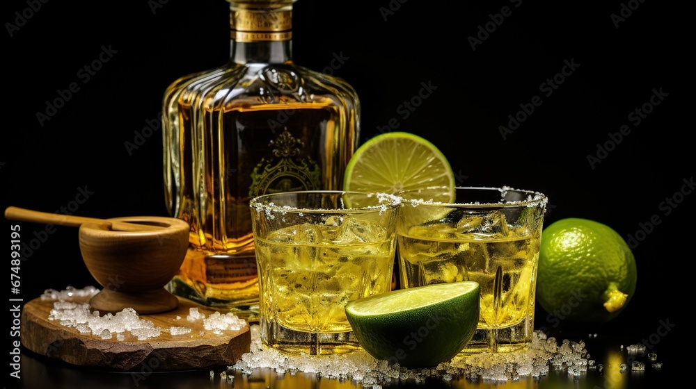 Mexican tequila with lime and salt on rustic black background. space for text. luxury drink. Alcoholic drink concept.