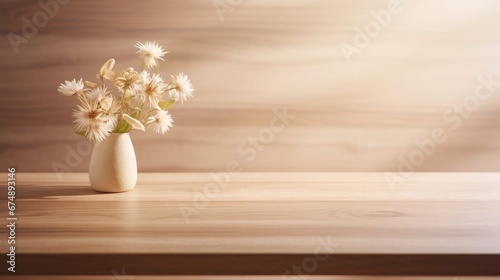 wooden table with flowers on a vas against beige wall, sunlight.