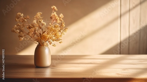 close up wooden table with flowers on a vas against beige  wall, sunlight, shadow, generative AI.