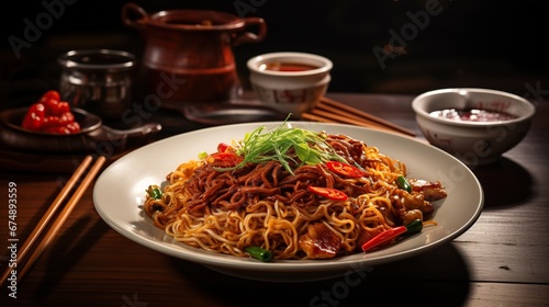 Mie Goreng Jawa or bakmi jawa or java noodle with spoon and fork. Indonesian traditional street food noodles from central java or Yogyakarta, indonesia on rustic wooden table background. © MUCHIB