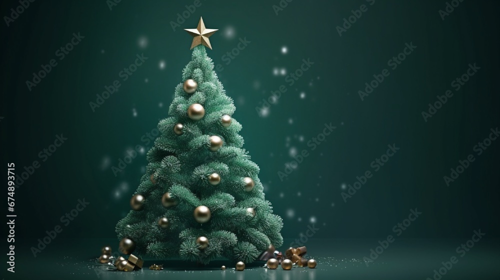 Decorated with ornaments and lights Christmas tree on dark green background. Merry Christmas and Happy Holidays greeting card, frame, banner. New Year. Noel. Winter holiday theme. Decorated with ornaments and lights Christmas tree on dark green background. Merry Christmas and Happy Holidays greeting card, frame, banner. New Year. Noel. Winter holiday theme.