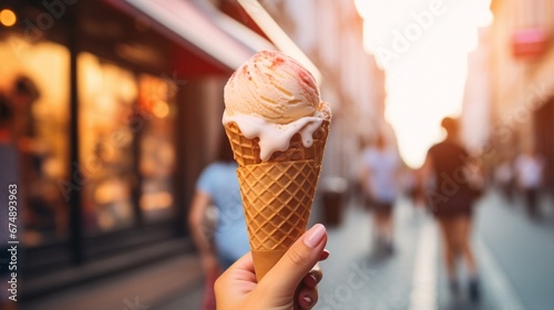 Person holding ice cream taking picture of social media, in a busy street, with blurred people in background.