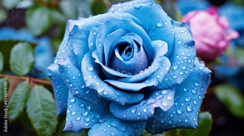 delicate blue rose on a flower bed, after the rain. beautiful flowers of garden roses, dew drops. Bushes of roses are blooming in the garden. Plant care, holiday gift for a girl. rare, unusual color