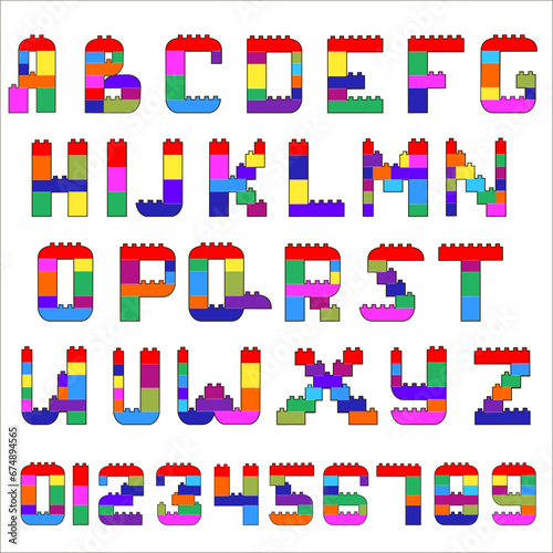 Alphabet and Numerals created from Bricks. Vector cartoon playing bricks.Children Alphabet. Plastic constructor (alphabet).