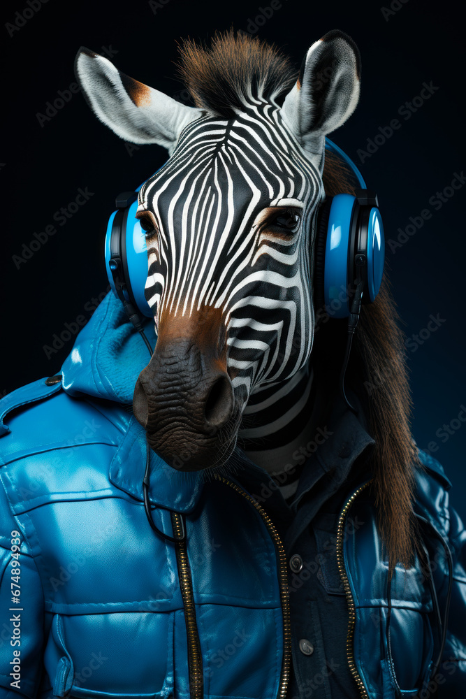 Funky Zebra Rocking Out in a Stylish Blue Jacket and Headphones