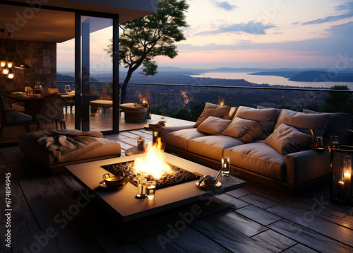 A Cozy Living Room with Stylish Furniture and a Warm Fire Pit © Vadim