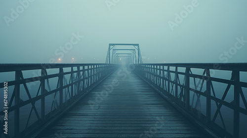 Mysterious wooden bridge stretching into the distance and fading into the mist. Gloomy day with dim lightning. Liminal space concept. Copy space.