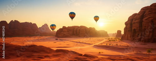 panoramic banner view of a generic rocky mountains typical in Al Ula desert Saudi Arabia touristic destination or wadi rum of Jordan desert at the golden hour sunset photo