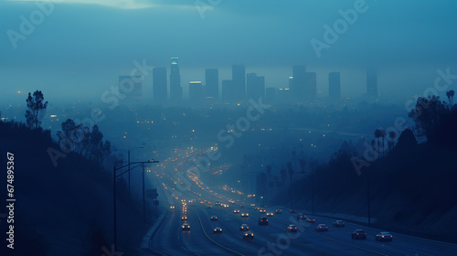 Highway with heavy traffic fading into the mist, with big city in the background. Gloomy twilight. Foggy, polluted air.