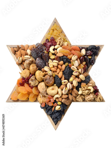 Tu bishvat . Star of david . Mixed nuts and dried fruits .