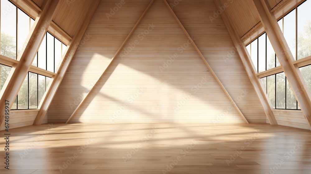 Modern contemporary empty room in a wooden building showing a trussed structure on the wall 3d render. At the end of the room is a corridor lit by natural light. There is a blank wall for content. - obrazy, fototapety, plakaty 