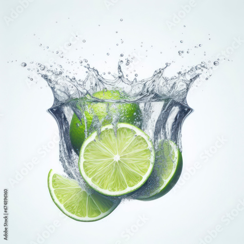 Fresh lime slices splashing deep into water with white background. ai generative