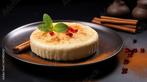 Delicious semolina pudding with cinnamon on black table