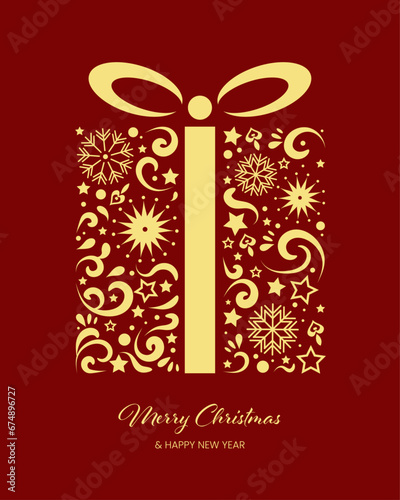 Merry Christmas elegant greeting card. Holidays luxury vector template with gold christmas present on dark red background.  