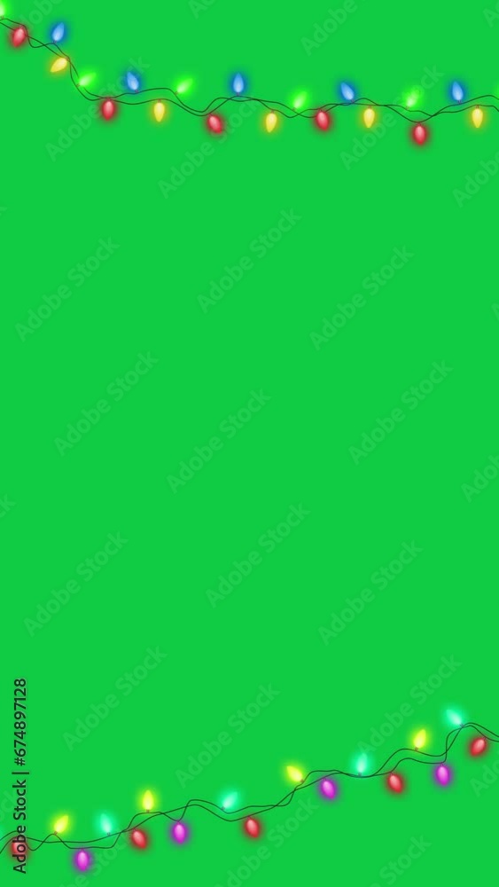christmas string lights and snow fall, new year colorful lights on green background vertical social media design element christmas string lights and snow fall, new year colorful lights on green background vertical social media design element
