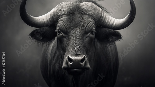 Detailed closeup of a lone water buffalo in black and white. Swaziland