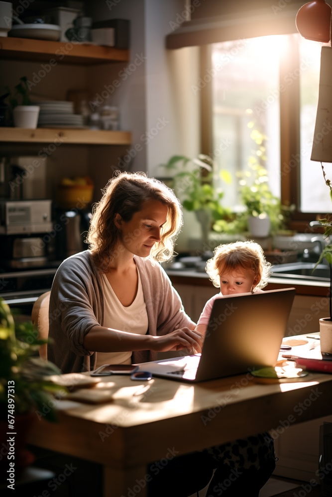 Young woman studying or working online at home while having breakfast with her baby on kitchen. Millennial mother on maternity leave with child. Freelancer busy mom with laptop searching information,