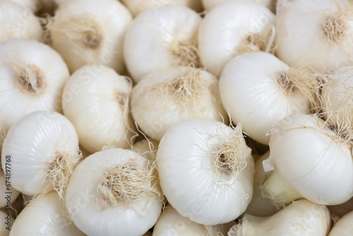 Close up of organic fresh white onions in a box at outdoor farmers market. Vegan food and healthy nutrition concept. Allium cepa. Pile of sweet onion for sale in the street of Italy.