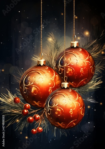 Christmas balls card template with Royal Golden Ornaments in Rich Red and Gold colors illustration. For banners, posters, advertising. AI generated.