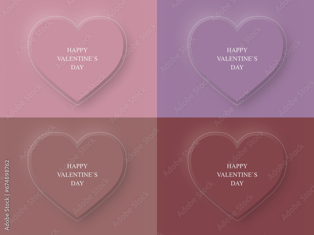 Happy valentine`s day icon set, four 3D heart symbols, icon and different shades of colour and background. Vector illustration.