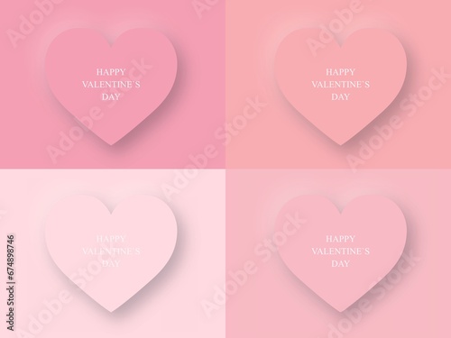 Happy valentine`s day icon set, four 3D pink  heart symbols, icon and different shades of colour and background,. Vector illustration.