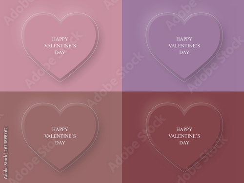 Happy valentine`s day icon set, four 3D heart symbols, icon and different shades of colour and background. Vector illustration.