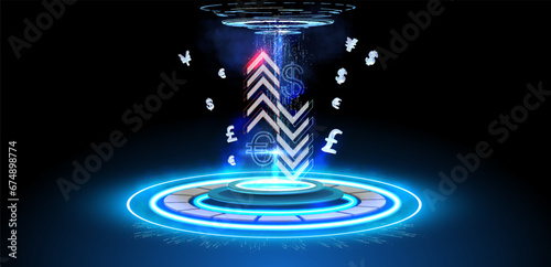 This stock vector image shows a futuristic concept of currency exchange with glowing neon lights and symbols. The image is suitable for use in financial, technology, and futuristic themed designs.