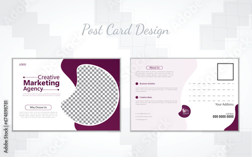 Postcard Layout with Curve Elements in Green and Dark Blue Accents