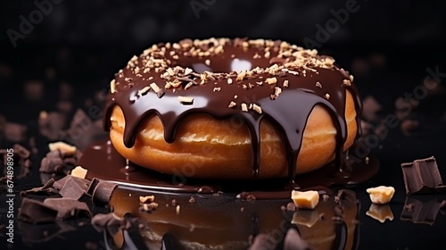 Donut with chocolate icing on a dark background. Junk sweet food. Baked goods, gluten products, gluten allergy, high-calorie food, pastry chef, close-up