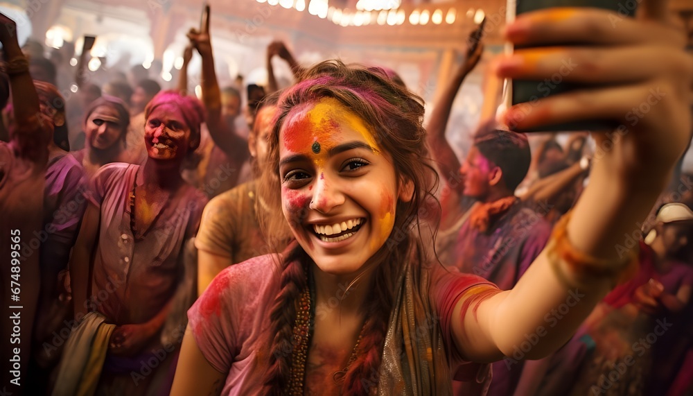 Young woman taking a selfie at a temple celebrating the Holi festival

