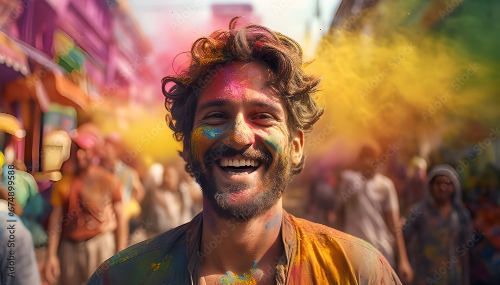 Portrait of cheerful european man celebrating Holi festival

