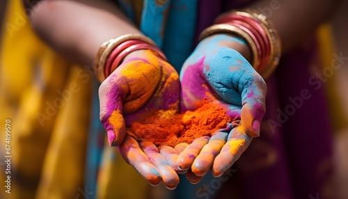 Close-up of indian woman's colorful hands at Holi festival