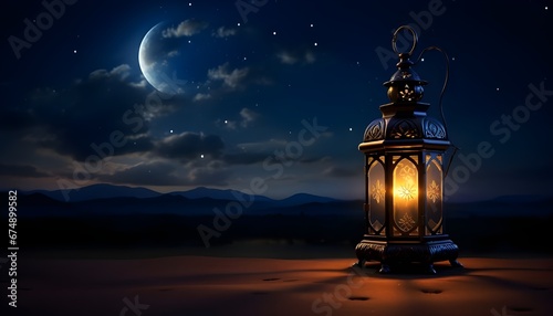 Arabian lamp Illuminated at night with Ramadan crescent moon. Wallpaper

