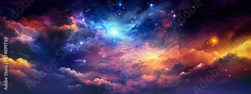 Abstract colorful night sky banner - vibrant colored clouds, some stars glowing. Generative AI