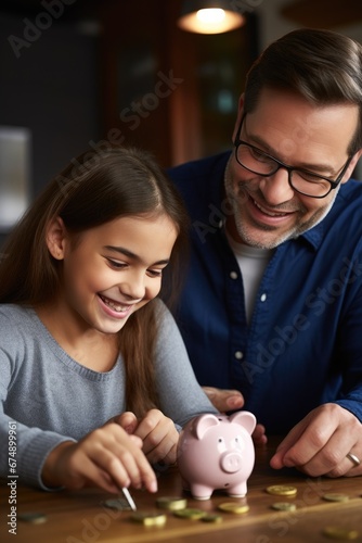 Daughter with father putting coin in piggy a bank at home